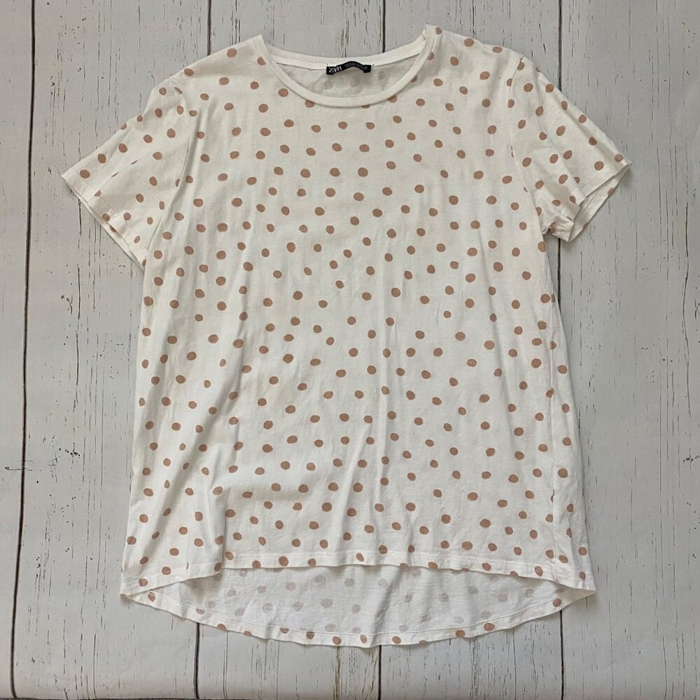 Zara White Tee with Beige Polka Dots